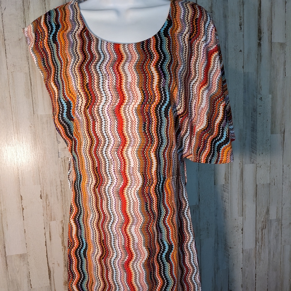 She's Cool Wiggle Print Dress 70s Style Size Medium Above Knee Gathered Waist.